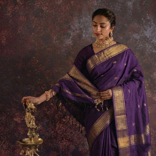 Purple with Zari butta, Elegant Light Weight Easy to drape, Pure Maheshwari Silk Saree with Zari Arrow Butta Allover - MHSPNK140