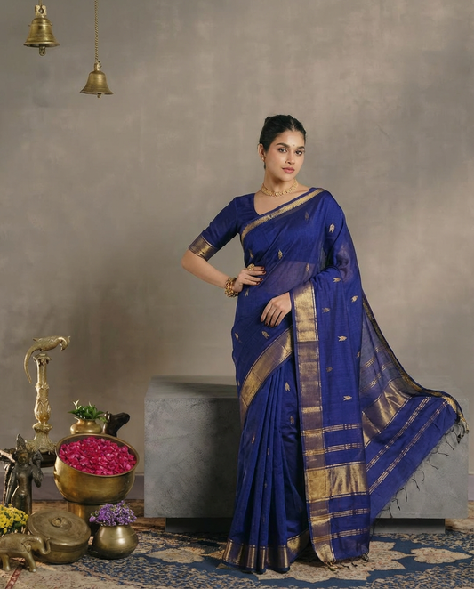 Handloom Blue Saree with Zari butta, Elegant Light Weight Easy to drape, Pure Maheshwari Silk Saree with Lotus Zari Butta Allover - MHSBLU150