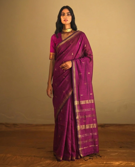 Purple with Zari butta, Elegant Light Weight Easy to drape, Pure Maheshwari Silk Saree with Zari Arrow Butta Allover - MHSPNK138