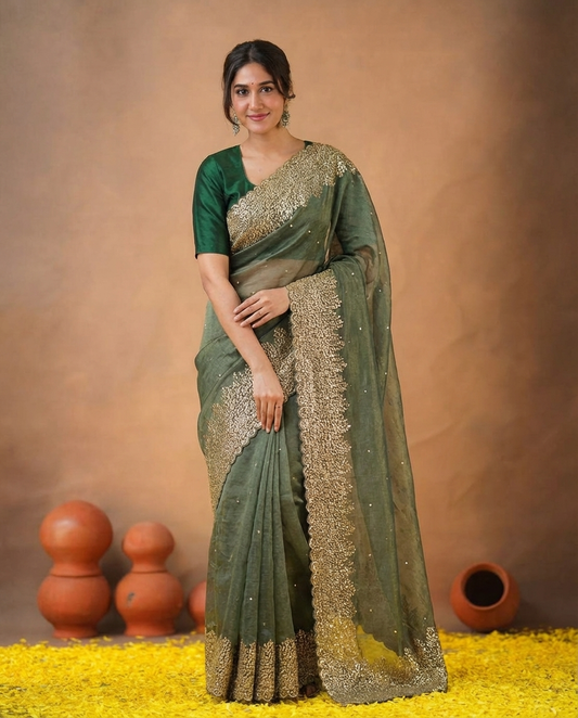 Green Pure Tissue Organza Saree with Golden Zari Border and Pallu - BNRGRN194