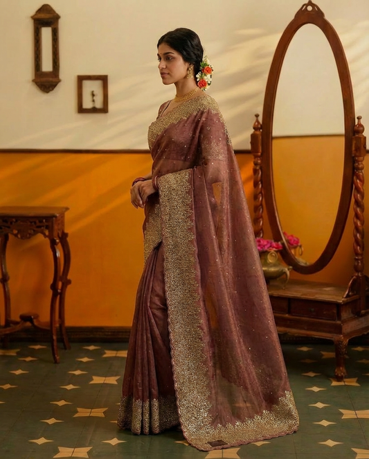 Mauve/Pink Pure Tissue Organza Saree with Golden Zari Border and Pallu - BNRPNK196