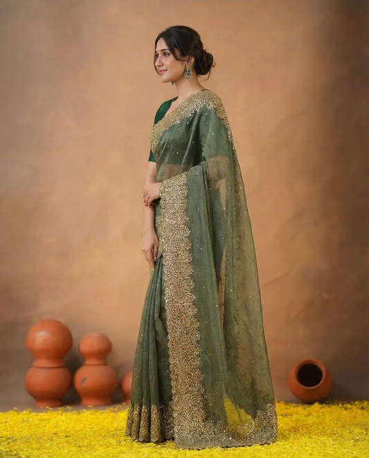 Green Pure Tissue Organza Saree with Golden Zari Border and Pallu - BNRGRN194