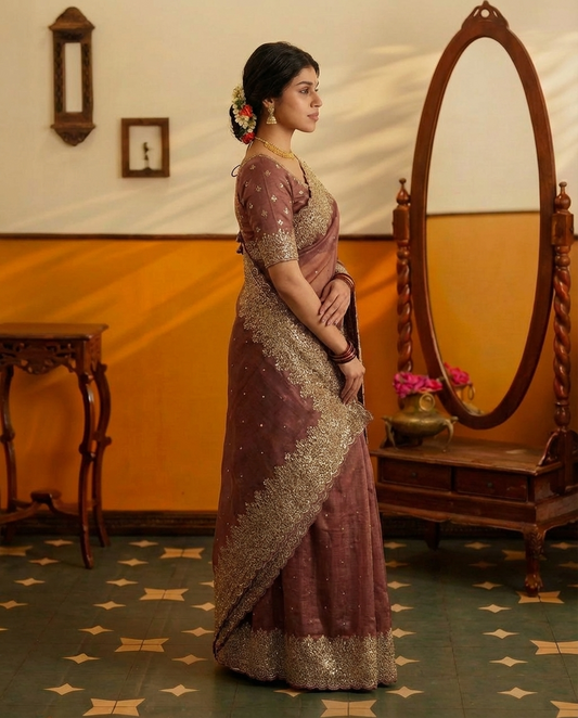 Mauve/Pink Pure Tissue Organza Saree with Golden Zari Border and Pallu - BNRPNK196