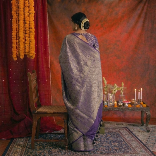 Pure Handloom Lavendar/Lilac Banarasi Brocade Silk Saree with Abstract prints - BNRLVN190