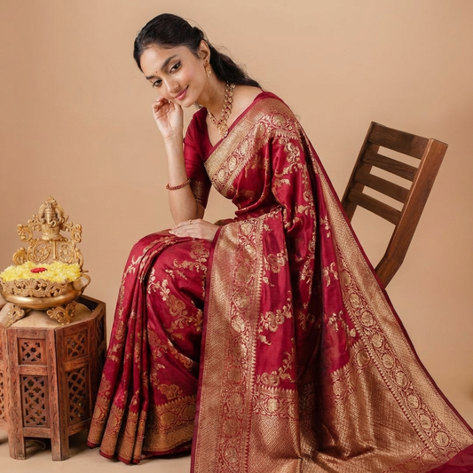 Purple Pure Chinnon Crepe Saree with Satin Patta in the border, All Over Small Silver & Gold Butta, Running blouse - CHNPNK125