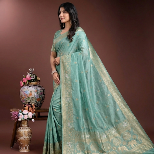 Sea Blue Pure Chinnon Crepe Saree with Satin Patta in the border, All Over Small Silver & Gold Butta, Running blouse - CHNBLU127