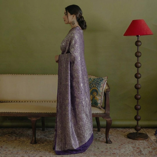 Lilac/Lavender Pure Handloom Banarasi Sarees with Brocade work all over the sarees - BNRLVN162