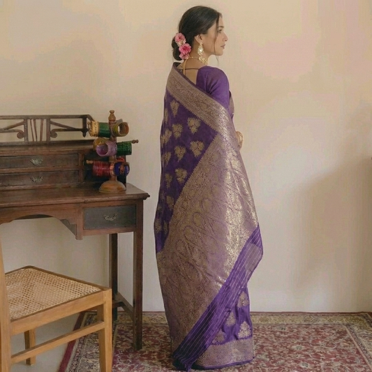 Pure Handloom Violet Banarasi Mashru Silk Sarees with Menakari work all over - BNRPNK183