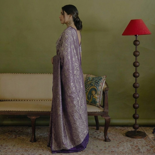 Lilac/Lavender Pure Handloom Banarasi Sarees with Brocade work all over the sarees - BNRLVN162