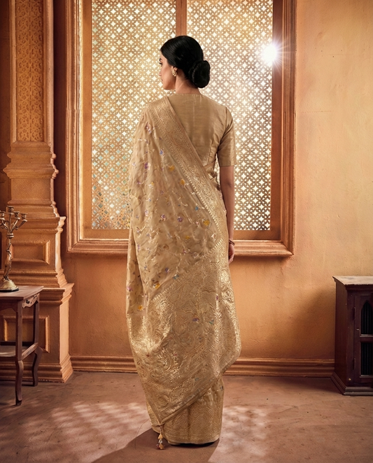 Pure Handloom Beige/Cream Colour Banarasi Chinia Silk Sarees with Menakari work all over - BNRBGE184