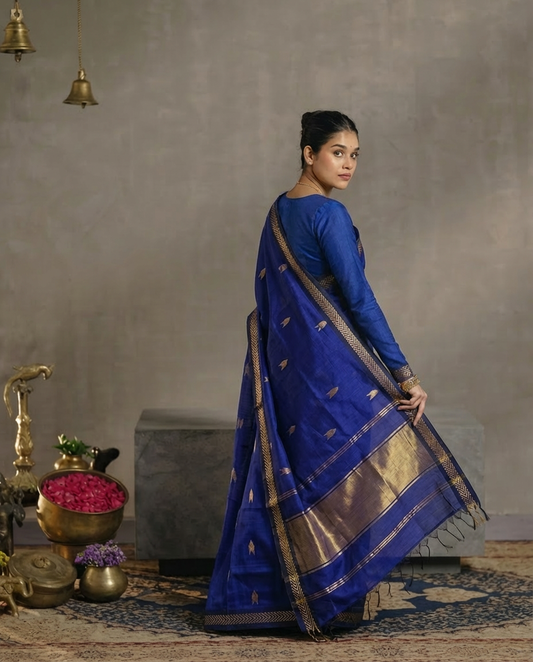 Handloom Blue Saree with Zari butta, Elegant Light Weight Easy to drape, Pure Maheshwari Silk Saree with Lotus Zari Butta Allover - MHSBLU150