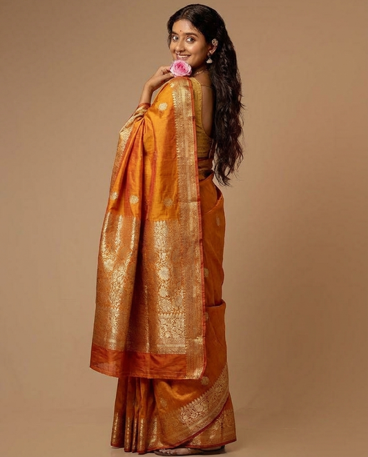 Pure Banarasi Yellow Katan Silk with Roopa Sona Butta All over Saree, Rich Border - BNRYLW192