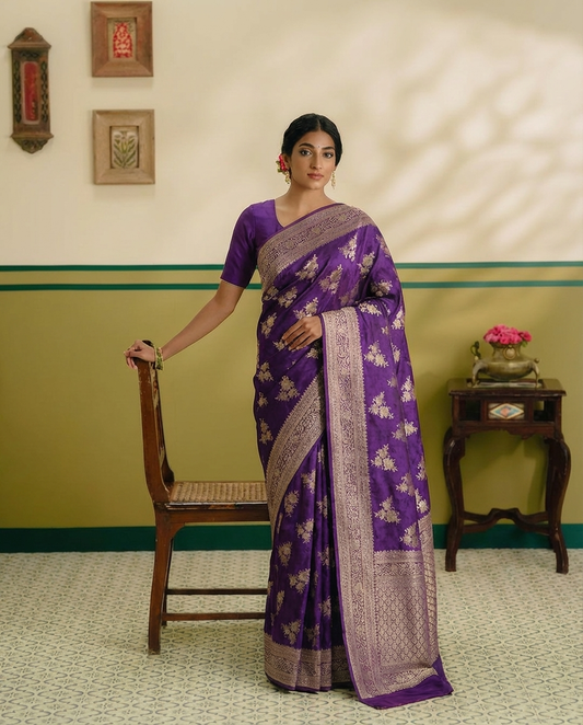Pure Handloom Violet Banarasi Chinia Silk Sarees with Menakari work all over - BNRPNK178