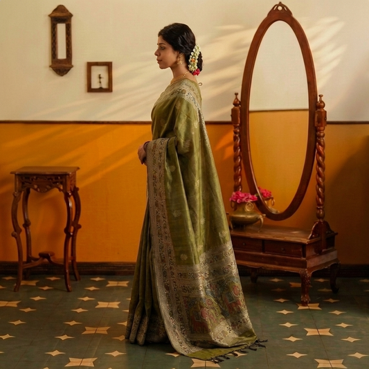 Pure Banarasi Green Tussar Silk Saree with Floral digital prints all over - BNRGRN164