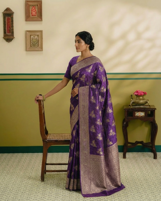 Pure Handloom Violet Banarasi Chinia Silk Sarees with Menakari work all over - BNRPNK178
