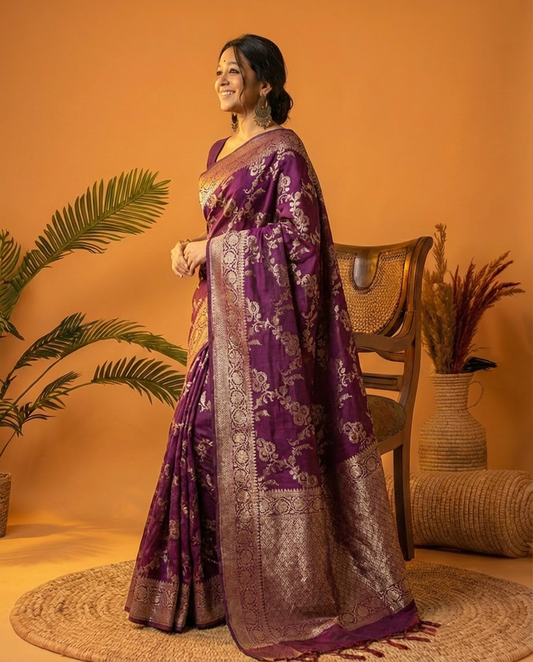 Pure Handloom Purple Banarasi Chinia Silk Sarees with Menakari work all over - BNRPNK180