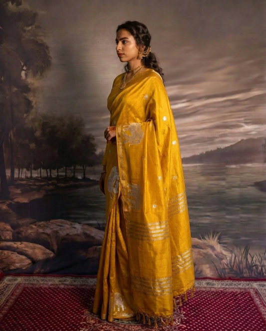 Pure Banarasi Yellow Raw Mango Saree with Butta butta All Over, Roopa Sona Pichwai work in the border - BNRYLW191