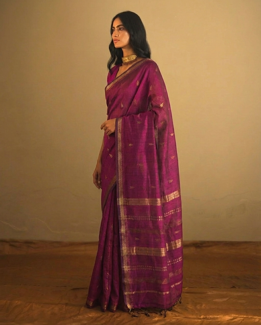 Purple with Zari butta, Elegant Light Weight Easy to drape, Pure Maheshwari Silk Saree with Zari Arrow Butta Allover - MHSPNK138