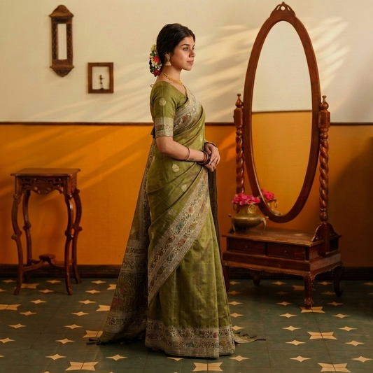 Pure Banarasi Green Tussar Silk Saree with Floral digital prints all over - BNRGRN164