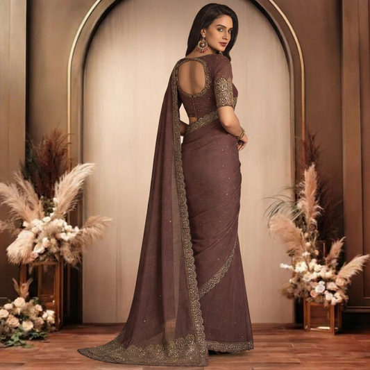 Golden Colour Pure Tissue Organza Saree with Golden Zari Border and Pallu - BNRBRN195