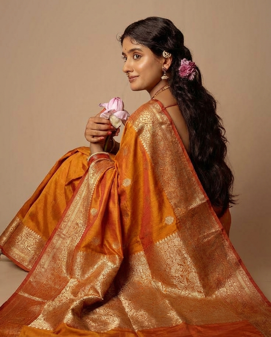 Pure Banarasi Yellow Katan Silk with Roopa Sona Butta All over Saree, Rich Border - BNRYLW192