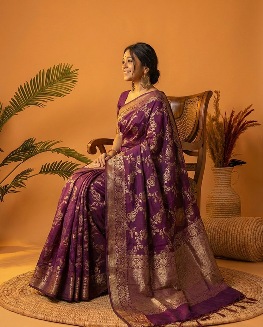 Pure Handloom Purple Banarasi Chinia Silk Sarees with Menakari work all over - BNRPNK180