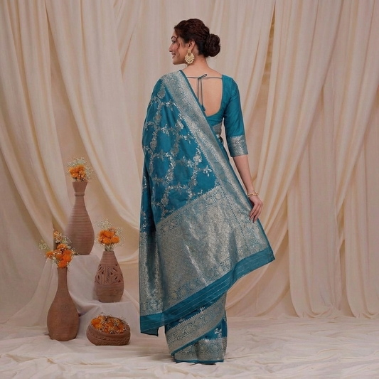 Pure Handloom Sea Blue Banarasi Chinia Silk Sarees with Menakari work all over - BNRBLU185