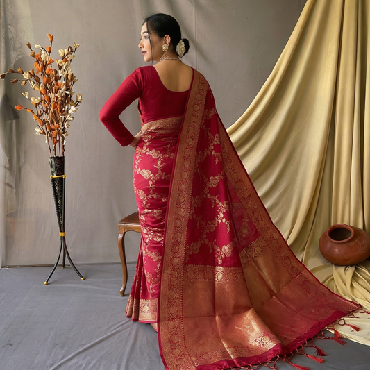 Pure Handloom Red Banarasi Chinia Silk Sarees with Menakari work all over - BNRRED177