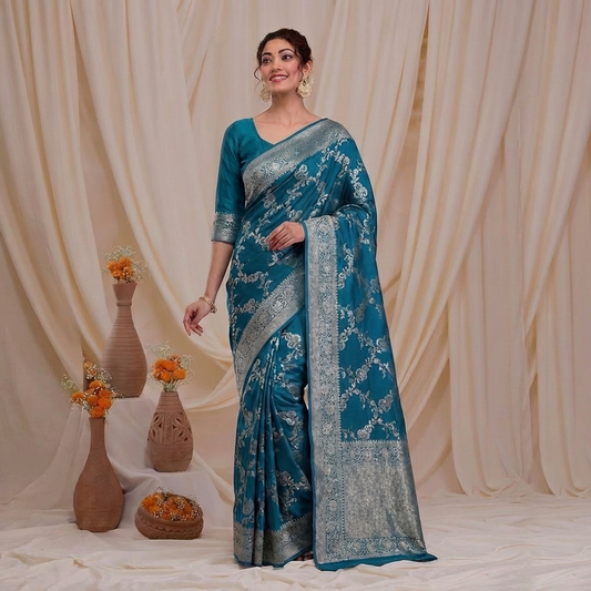 Pure Handloom Sea Blue Banarasi Chinia Silk Sarees with Menakari work all over - BNRBLU185