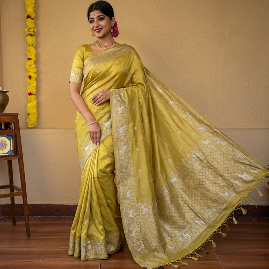 Yellow Pure Chinnon Crepe Saree with Satin Patta in the border, All Over Small Silver & Gold Butta, Running blouse - CHNYLW128