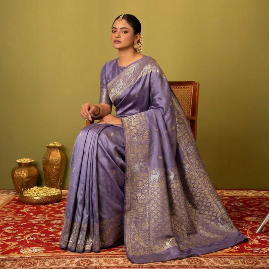 Lavender Pure Chinnon Crepe Saree with Satin Patta in the border, All Over Small Silver & Gold Butta, Running blouse - CHNLVN123