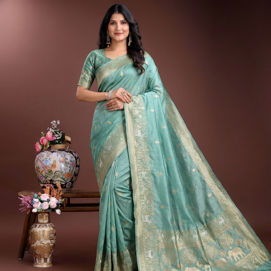 Sea Blue Pure Chinnon Crepe Saree with Satin Patta in the border, All Over Small Silver & Gold Butta, Running blouse - CHNBLU127