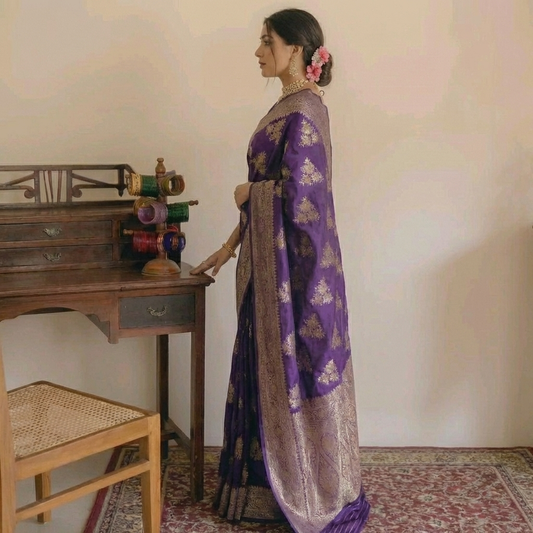 Pure Handloom Violet Banarasi Mashru Silk Sarees with Menakari work all over - BNRPNK183