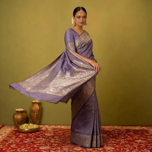 Lavender Pure Chinnon Crepe Saree with Satin Patta in the border, All Over Small Silver & Gold Butta, Running blouse - CHNLVN123