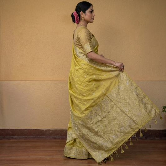 Yellow Pure Chinnon Crepe Saree with Satin Patta in the border, All Over Small Silver & Gold Butta, Running blouse - CHNYLW128